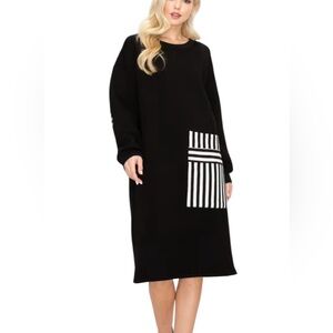 Joh. French Scuba Knit Black Striped Pocket Dress Long Sleeve Oversize S